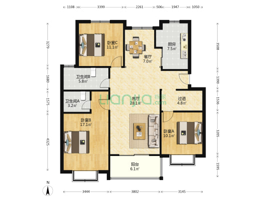 嘉年花苑西区 3室2厅2卫 119平方