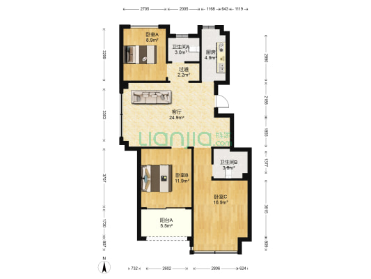 龙山豪庭 3室1厅2卫 102平方