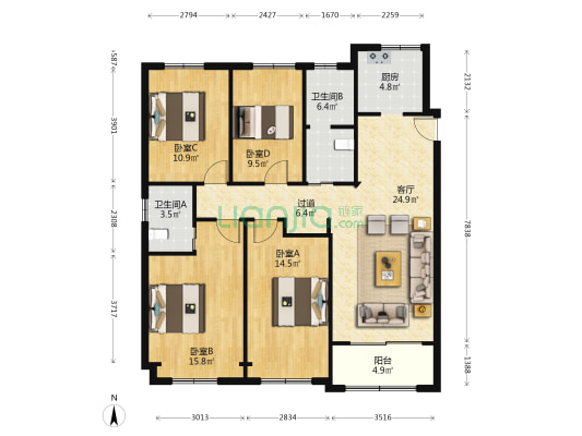 地铁时尚生活广场 4室1厅2卫 140平方