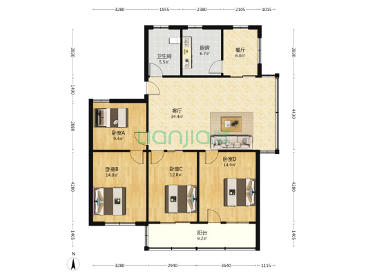 三元坊巷48号 4室2厅1卫 133平方