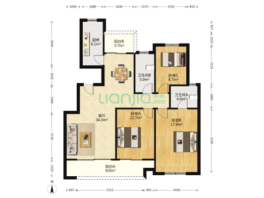 阳光威尼斯 3室1厅2卫 124平方