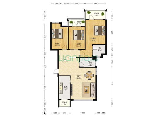 天海花园 3室1厅2卫 130平方