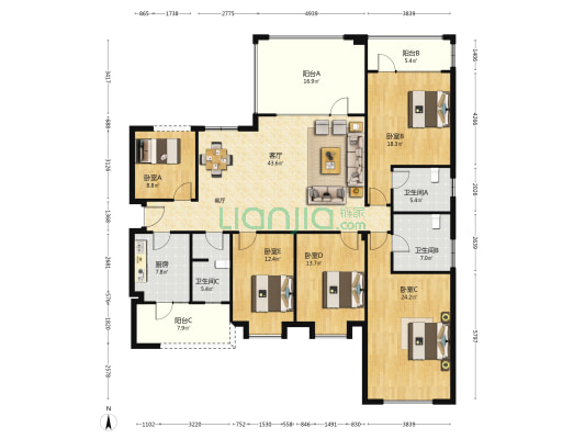 蓝润春风屿湖 5室1厅3卫 216平方