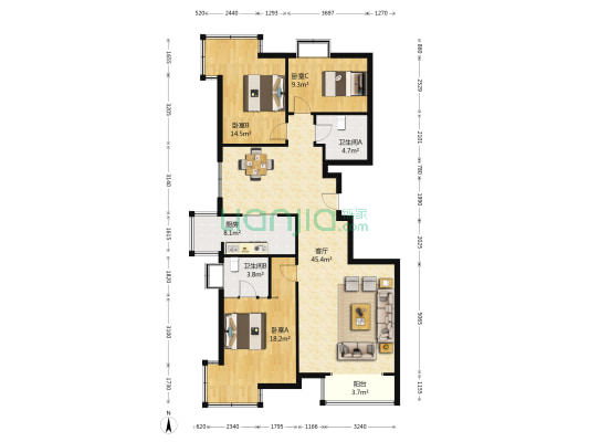 原上园西区 3室1厅2卫 148平方
