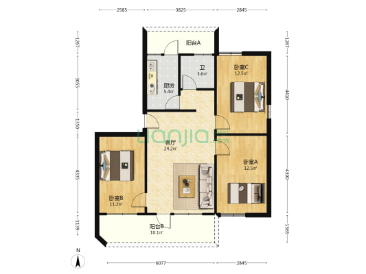 临湖苑 3室1厅1卫 100平方
