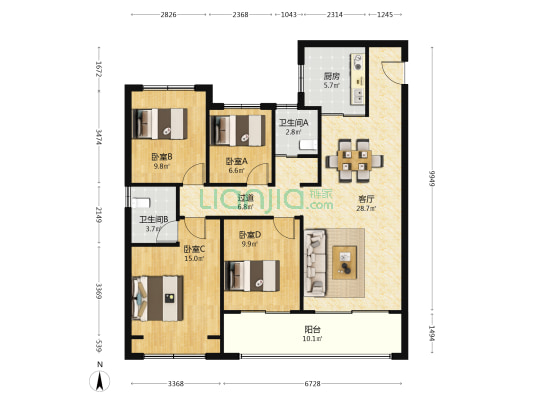 燕熙台A区 4室1厅2卫 128平方
