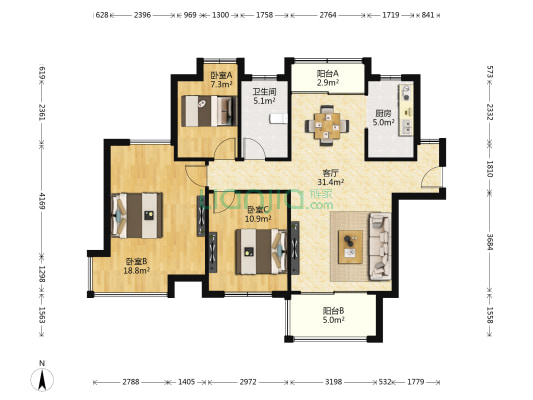 国贸阳光 3室1厅1卫 106平方