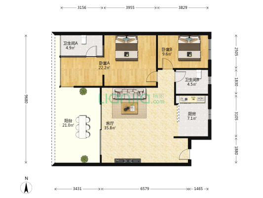 未来水世界 2室1厅2卫 107平方