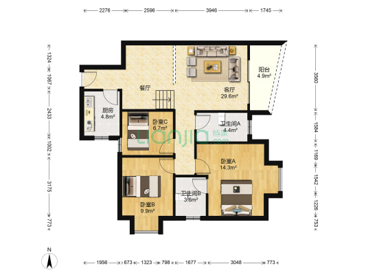 怡丰都市广场 3室1厅2卫 100平方