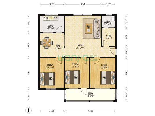 缘合领秀世家 3室2厅1卫 135平方