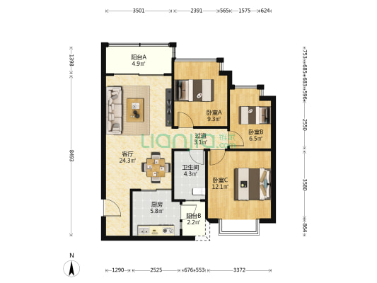 恒大悦府 3室1厅1卫 99平方