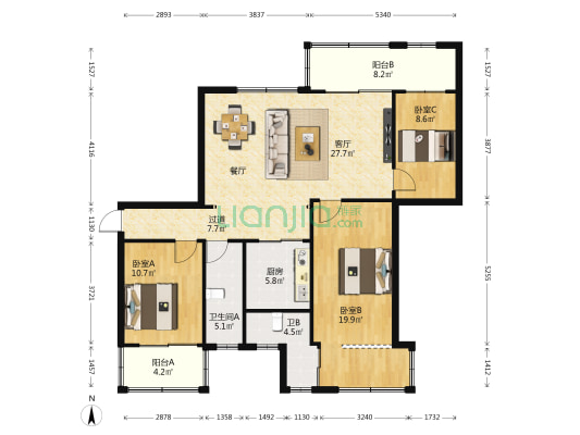融廷公寓 3室1厅2卫 108平方