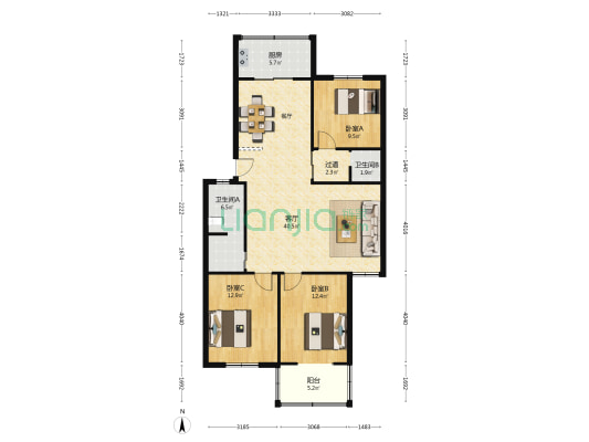 铜山电大 3室1厅2卫 117平方