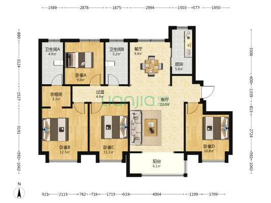 剑桥郡海棠园 4室2厅2卫 147平方