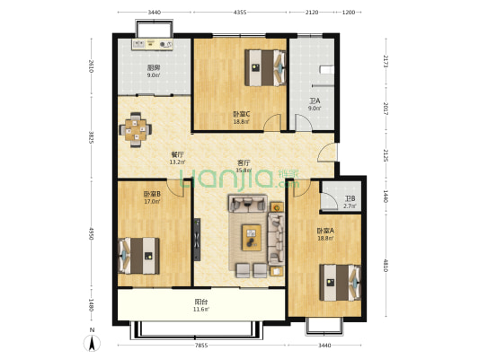 盛信家园 3室2厅2卫 159平方