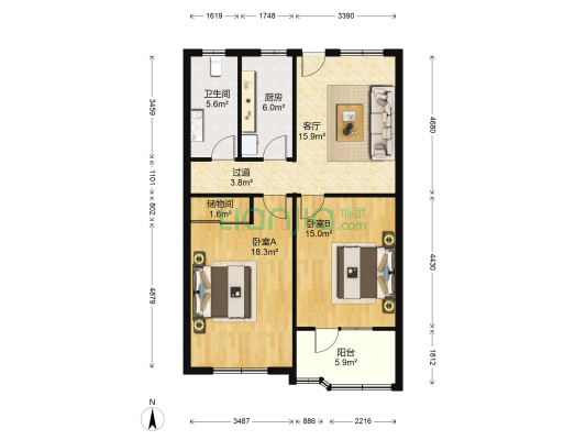 爱建新村 2室1厅1卫 108平方