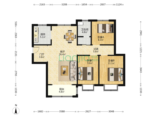 嘉业·中央公园 3室1厅1卫 114平方