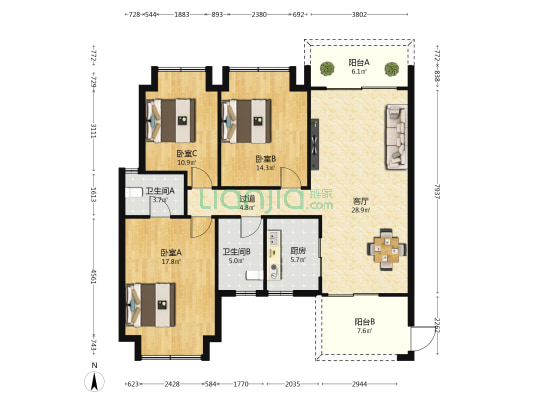 五源河公寓三期G区 3室1厅2卫 127平方