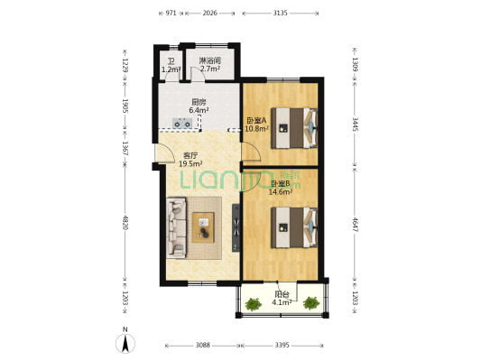 东顺城南街51号 2室1厅2卫 69平方