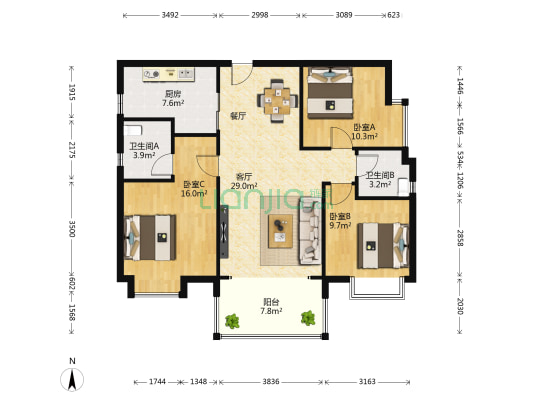 葛天名苑 3室1厅2卫 110平方