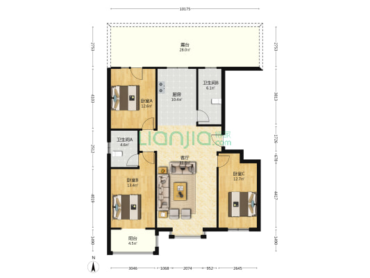 惠友万悦城(涿州) 3室2厅 南 北-户型图