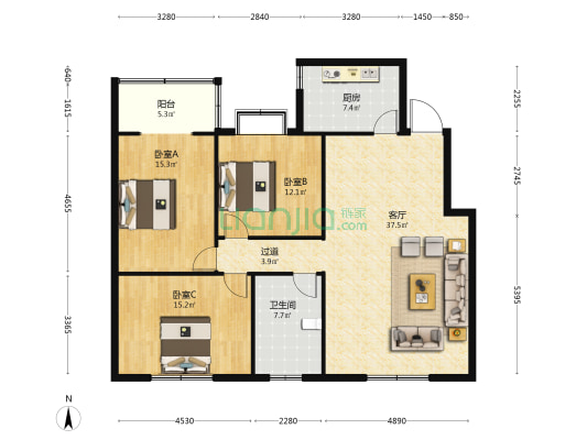 阳光公寓 3室1厅1卫 136平方