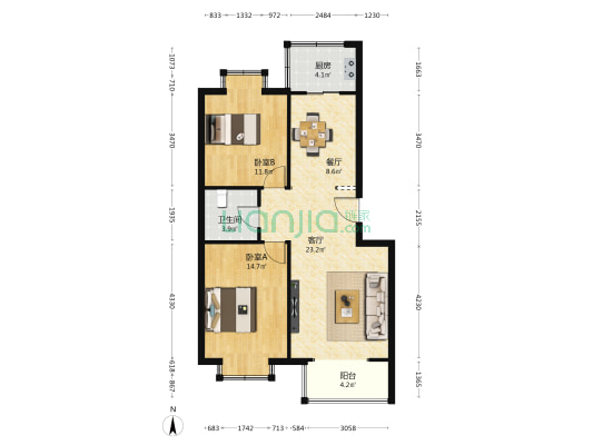 幸福花园小区 2室2厅1卫 90平方
