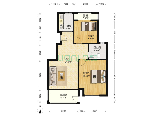 绿地世纪城五期 2室1厅1卫 85平方