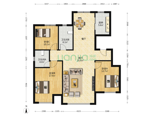 庆丰东里 3室1厅2卫 140平方