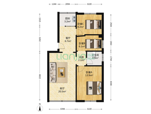 龙园小区 3室2厅1卫 90平方