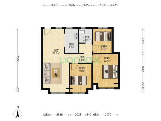 芯澜园 3室1厅1卫 89平方
