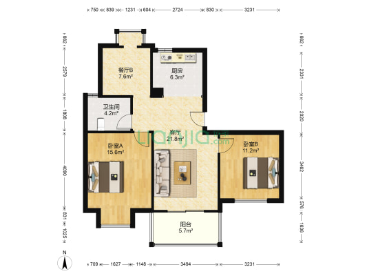 幸福花苑(亭湖区) 2室2厅1卫 106平方