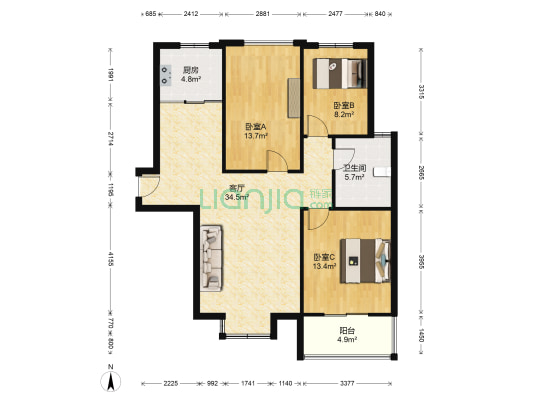 城市广场 3室1厅1卫 113平方