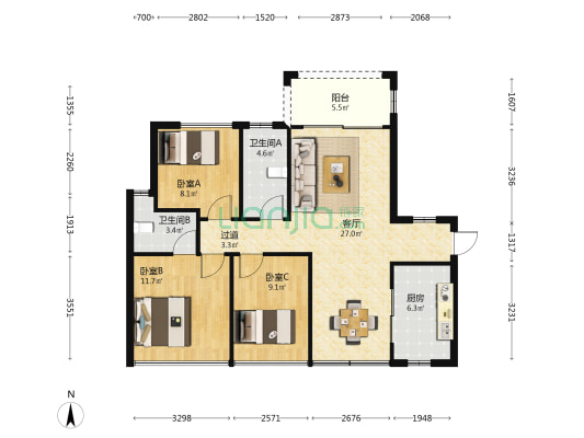 智祥名苑 3室1厅2卫 93平方