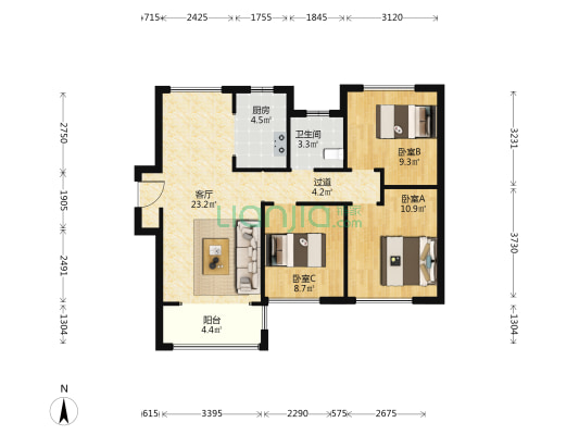 宸宁嘉苑 3室1厅1卫 105平方