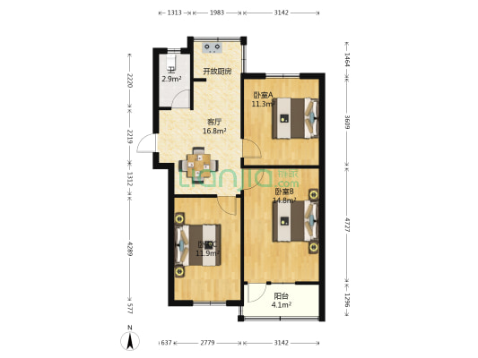 锦绣街2号 3室1厅1卫 73平方