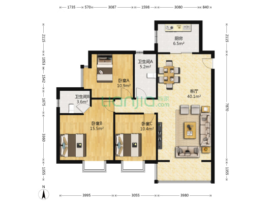 华城广场 3室1厅2卫 122平方