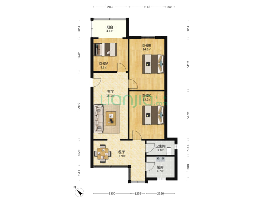 桂王桥北街31号 3室2厅1卫 84平方