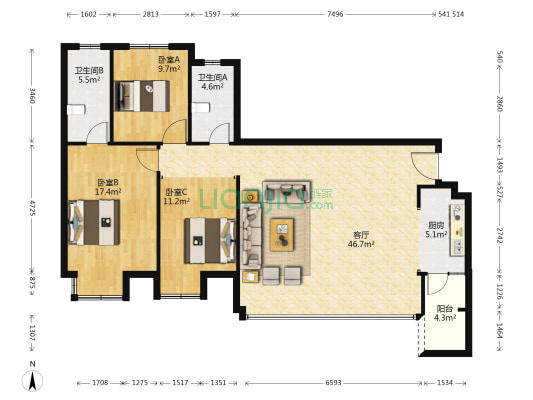 北湖春天 3室1厅2卫 118平方