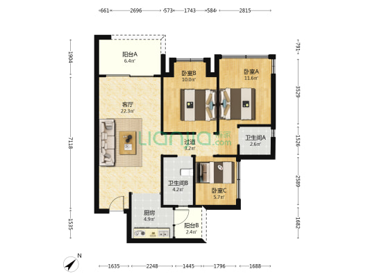 领地天府国际康城 3室1厅2卫 76平方