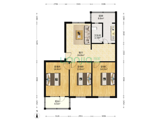 塑料公司宿舍 3室1厅1卫 98平方