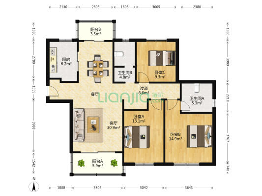 龙信广场 3室1厅2卫 140平方