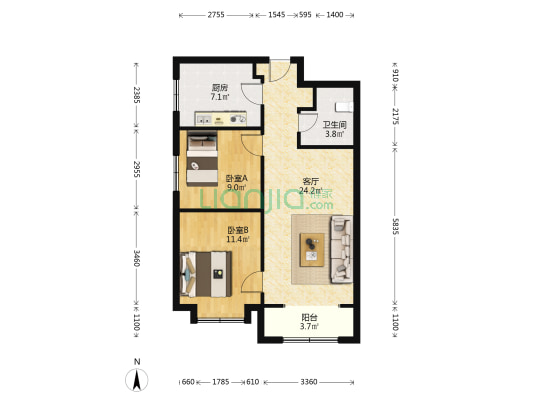 中国铁建花语津郡 2室1厅1卫 88平方