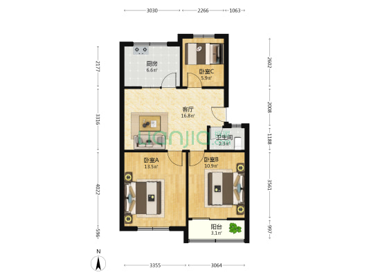 月湖小区 3室1厅1卫 74平方