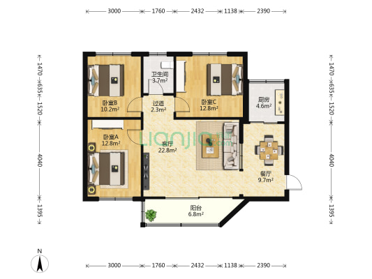 可口可乐宿舍 3室2厅1卫 83平方