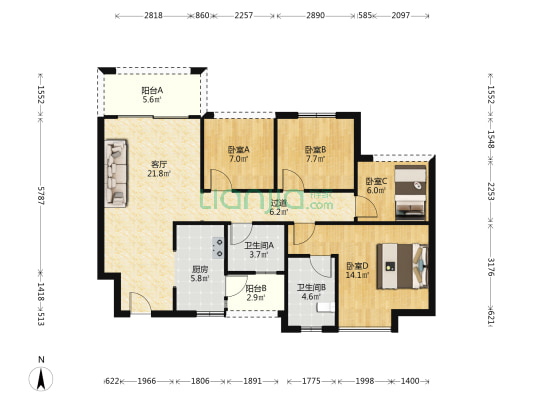 正坤悦澜庭 4室1厅2卫 96平方