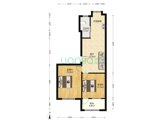 湖南省中医学院宿舍 2室1厅1卫 67平方