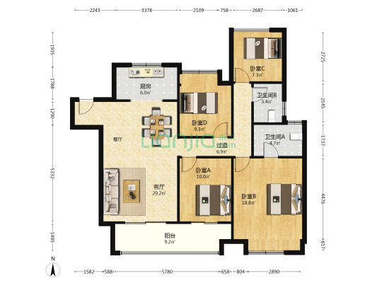 景瑞熙棠里北区 4室1厅2卫 142平方