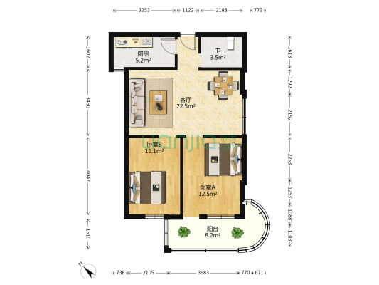 粤安大厦 2室1厅1卫 86平方