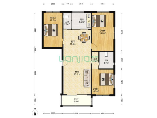 五马商厦 3室2厅2卫 133平方